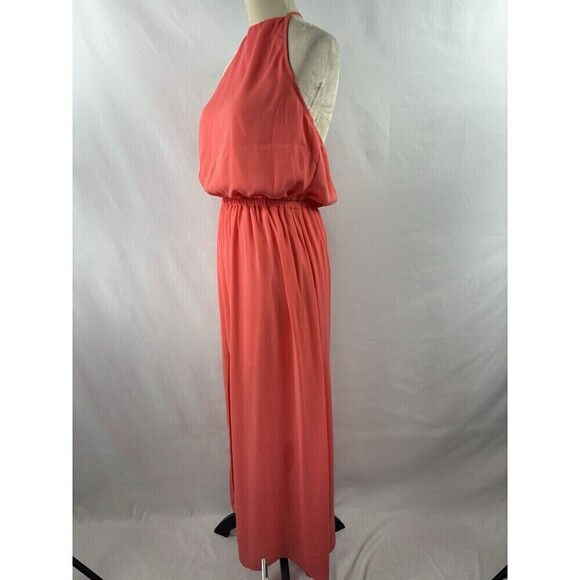 Show Me Your Mumu Halter Maxi Dress Coral Orange Large Slit Sheer Lined - Picture 14 of 14